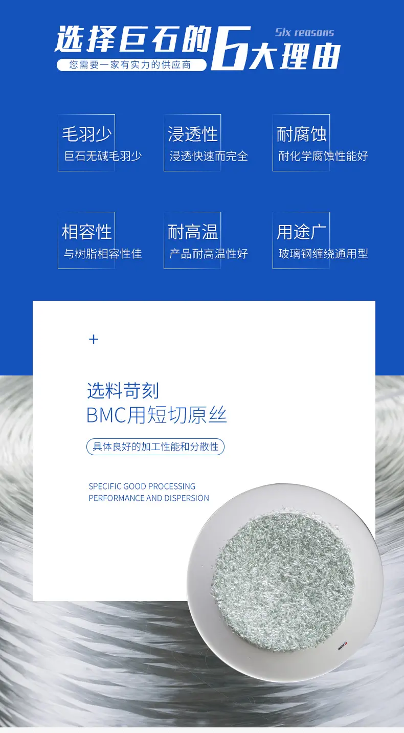 短切原丝552B特别适合于BMC预混热固性复合材料，552B表面涂有硅烷基浸润剂，适合于增强不饱和树脂和乙烯基树脂体系，其独特的浸润剂配方赋予最终制品高的机械性能，特别是冲击强度。